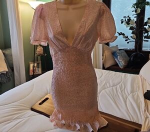 Moonsea Pink Ruffled Puff Sleeve Mini Dress